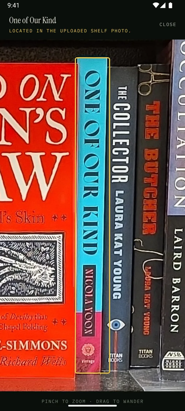 The shelf photo magnified on a single book, its spine outlined in gold where it sits on the shelf.