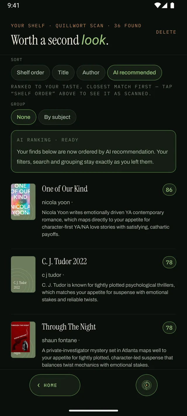 The findings list after a scan, each book scored out of 100 against the reader's taste and sorted best match first.