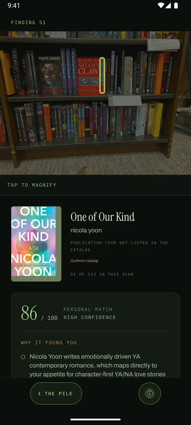 A book's own page, showing its personal match score out of 100 and the sentence explaining why it found this reader.