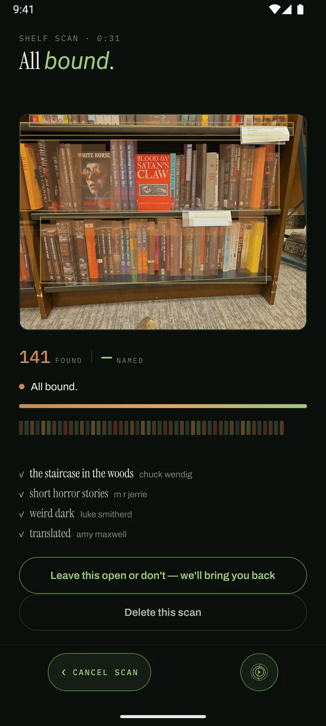 A scan in progress: the found and named counters climbing while real titles arrive one by one.