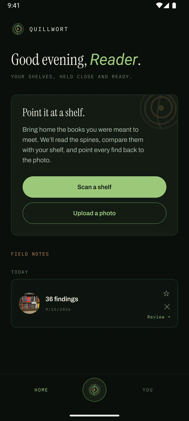 The Quillwort home screen, headed “Point it at a shelf”, with the button that opens the camera.